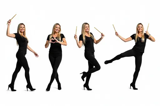 Prompt: photorealistic smiling woman f0980736 with long blonde hair, black top, metallic nail polish, holding two drumsticks Multiple instances of the same character in different poses on a white background. The character is shown: Dancing: mid-dance move, arms and legs in rhythmic motion, joyful expression. Making a heart shape: hands forming a heart shape in front of the chest, warm smile. Kicking: one leg extended in a kicking motion, arms for balance, determined look. Walking: mid-stride, one foot in front of the other, natural arm swing, casual pose. Background: Clean white background, providing a pristine backdrop. Ample space between poses. Character design consistent across all poses. Arrange poses in a visually pleasing composition across the image.