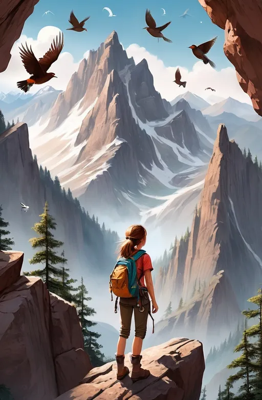 Prompt: A girl adventurer with climbing gears is gazing at a mysterious Rocky Mountain. Birds are flying around the top of the mountain. 