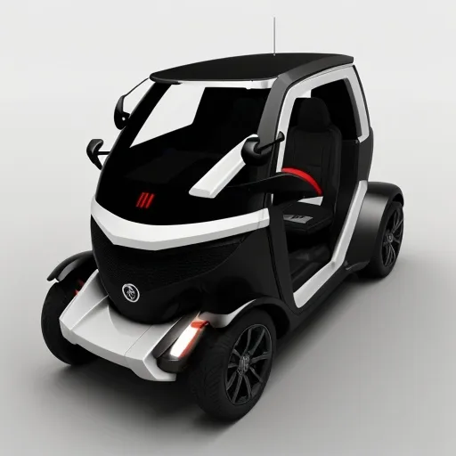 Prompt: The image is a digital drawing of a futuristic, compact, and sleek vehicle, depicted in a minimalist, realistic style. The vehicle is predominantly a  color black, red and gray with smooth, clean lines and subtle shading, giving it a modern and streamlined appearance. It has a rectangular, slightly tapered shape with a large, black-tinted windshield occupying the front and back for cargo, providing a sense of enclosed space. The windshield is smooth and reflective, contrasting with the matte body. The vehicle features four large, black, treaded wheels with visible, detailed tire treads and metallic rims, suggesting a robust and practical design. The wheels are positioned at the corners of the vehicle, giving it a low-profile stance. The drawing uses thin, black lines to define the edges and contours of the vehicle, adding to the minimalist aesthetic. The background is a real trafic city, gradient lightt, ensuring that the focus remains on the vehicle. The overall impression is one of a futuristic, efficient, and modern transportation vehicle, blending functionality with a sleek, minimalist design.  the front light and back light must be turn on. los cubre fango de las llantas son parte externa del vehiculo. The car is driving by a nice men in a city street.
