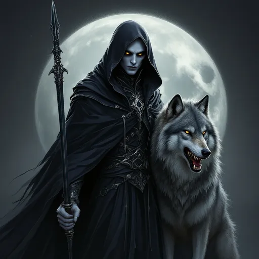 Prompt: a intricate shadow villain costume design with a sleek black weapon and a majestic gray wolf as its loyal companion, the villain has pale skin, sharp facial features, and piercing yellow eyes, wearing a dark hooded cloak with silver trimming, the wolf stands by their side with its fur fluffed up, the overall atmosphere is dark and ominous, with the villain and wolf set against a muted moonlit background, the costume and weapon are highly detailed and drawable, with bold lines and textures, the villain's eyes glow with an eerie intensity, and the wolf's teeth are bared in a fierce snarl.