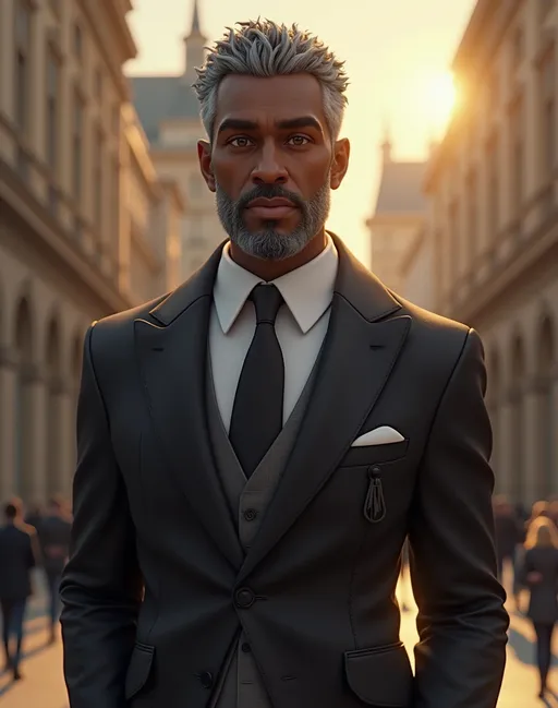 Prompt: full body shot front view of 3D art style Tall handsome elder dark black male character, salt and pepper short curly hair, well-groomed facial hair, sharp facial features, confident expression, neat appearance, stylish fitted outfit with subtle elegant details, relaxed dignified pose, warm natural lighting, photorealistic rendering, ultra-detailed skin texture and individual hair strands, realistic art style, waist-up portrait, 4K quality, high resolution, ultra-detailed. face to viewer, background is a suitable beautiful scene