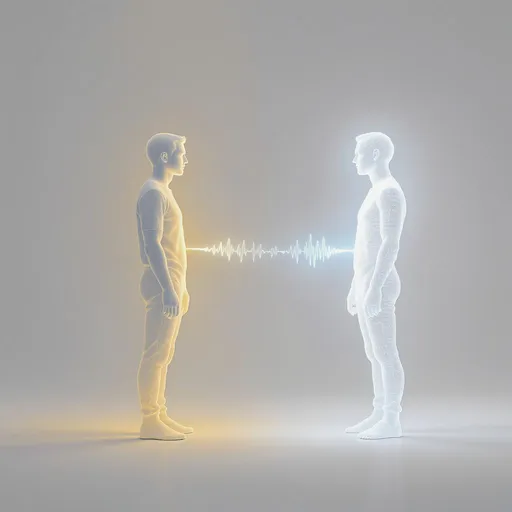 Prompt: A human figure, calm and grounded, stands on one side of a quiet horizon.
Opposite them, a translucent figure made of shifting light and text fragments mirrors their stance.
Between them floats a thin beam or ripple of sound waves — the echo connecting them.
Colors fade from warm gold on the human side to cool blue around the echo, ending in silver-white around the light figure.
Background is vast and neutral — a metaphor for infinite thought.
Mood: serene, intelligent, timeless.
No logos, no faces — just shape, light, and meaning.
Lighting: soft gradient, halo effect between the two figures.
Texture: smooth, glasslike reflections.
Symbolism: creation meeting reflection, structure meeting freedom.