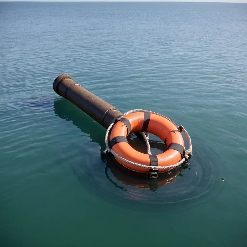 Prompt: a cannon wearing a life jacket, floating in water