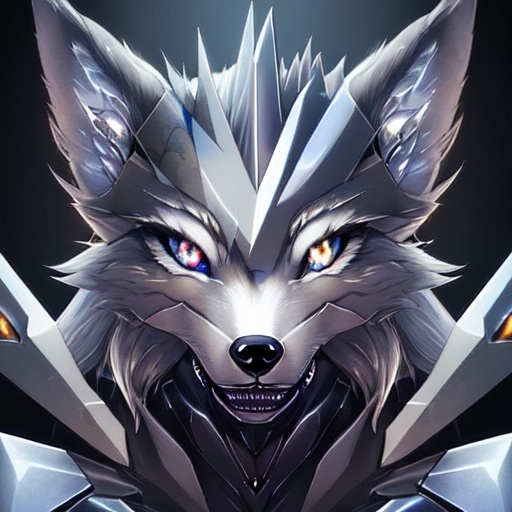 Prompt: A close up of the face of a silver colored wolf with robot eyes and metal teeth.
The backround should be dark with a fading perspective.