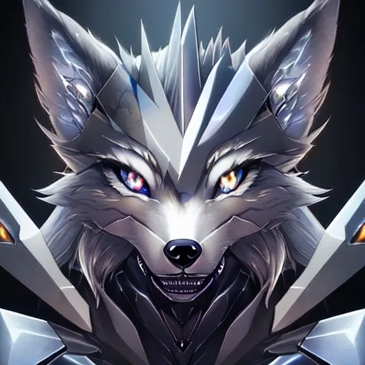 Prompt: A close up of the face of a silver colored wolf with robot eyes and metal teeth.
The backround should be dark with a fading perspective.