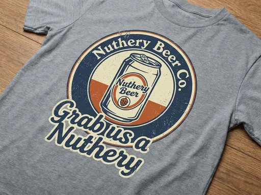 Prompt: Create T shirt design for Nuthery beer. Have a can of Nuthery beer. Put strap line beneath 'Grab us a Nuthery'