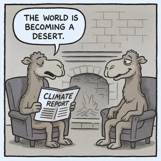 Prompt: In a simple cartoon style - two camels with noticeable humps are each sitting in a lounge chair either side of a fireplace. Camel on the left is reading a newspaper that has a huge headline that reads- CLIMATE REPORT. The camel on the left looks above the newspaper to tell the other camel 'the world is becoming a desert'. The camel on the right smiles smugly. 