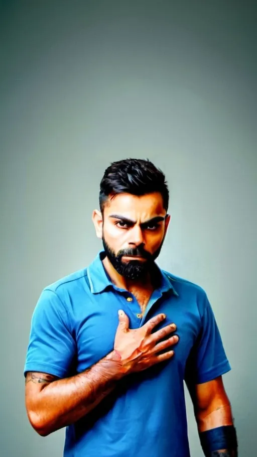 Prompt: a man with a beard and a blue shirt is staring at the camera with a serious look on his face, Don Arday, samikshavad, intense and angry. The face should be Virat Kohli. wide portrait