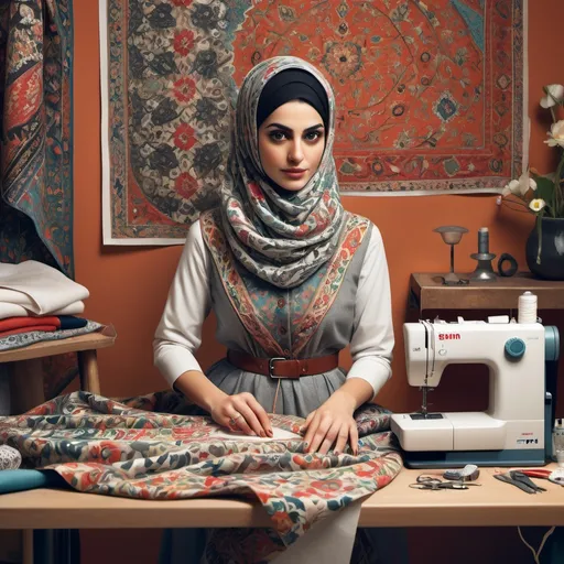 Prompt: "A poster featuring a confident woman, semi-veiled, who is engaged in pattern-making and sewing. She's wearing traditional Iranian-inspired clothing, and her workspace has fabrics, scissors, and a sewing machine. The overall vibe is creative and professional, showcasing her expertise in fashion design. The woman appears sharp and focused, with hints of modern and traditional elements blending seamlessly in the background. The colors should be warm, including shades of gold, maroon, and soft beige."