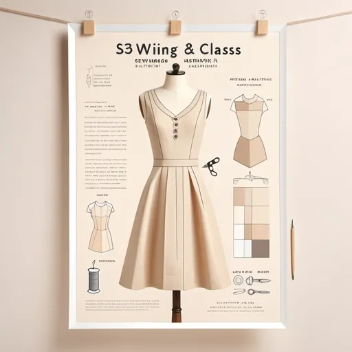 Prompt: "Poster promoting a sewing and pattern-making class. The image features a sewing pattern on paper, a dress form with half-sewn fabric, sewing tools like scissors and thread, and a designer sketching patterns. The color palette is soft with shades of beige, cream, and light pastels to give a professional, clean, and inviting feel."