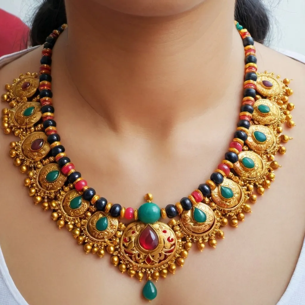 Prompt: make a nice temple necklace with few gemstone & floral motifs & some beads drop 