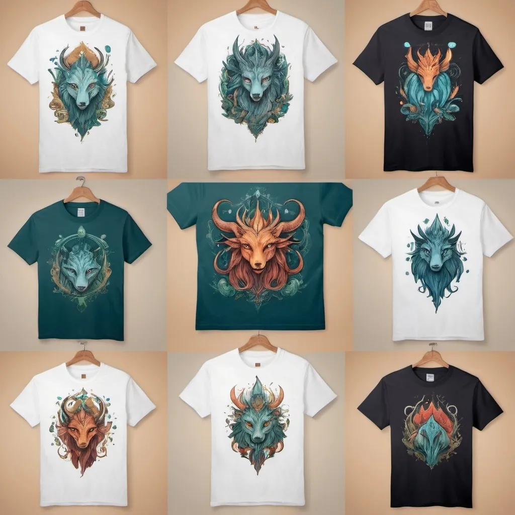 Prompt: design a series of unique and creative T-shirt graphics featuring Fantasy and Mythical Creatures