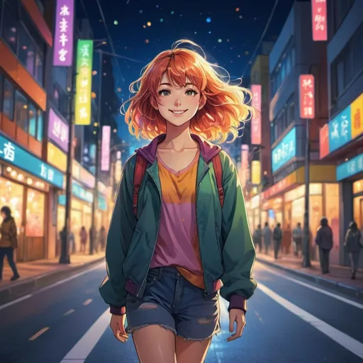 Prompt: Anime illustration of a young, attractive woman walking down a brightly lit road, colorful city lights, happy and cheerful, vibrant, detailed hair and outfit, high quality, anime, colorful, cheerful, urban setting, detailed character design, professional, atmospheric lighting