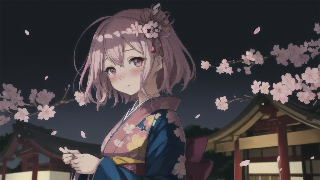 Prompt: Cute blushing anime young attractive woman in Tokyo, cherry blossom trees in the background, traditional Japanese clothing, high quality, anime, pastel tones, cherry blossom lighting, detailed eyes, kawaii style, professional, atmospheric lighting