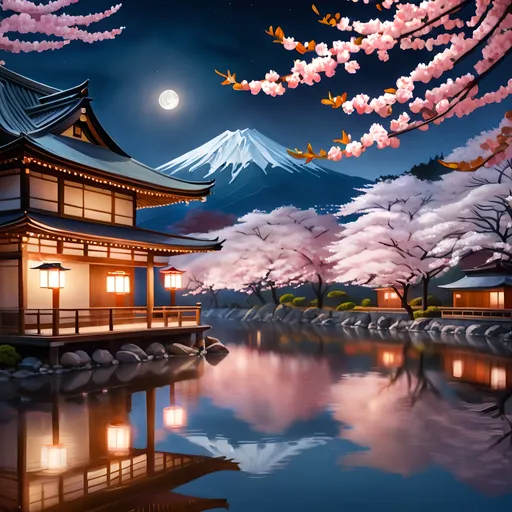 Prompt: Nighttime scene in Kyoto, traditional Japanese architecture, cherry blossom trees in bloom, serene and tranquil atmosphere, high quality, detailed night scenery, traditional Japanese art style, soft and warm lighting, traditional wooden lanterns, tranquil water reflection, subtle moonlight, cherry blossom petals floating in the air, traditional architecture, serene, tranquil, detailed scenery, Japanese art style, warm lighting, cherry blossom trees, nighttime, high quality