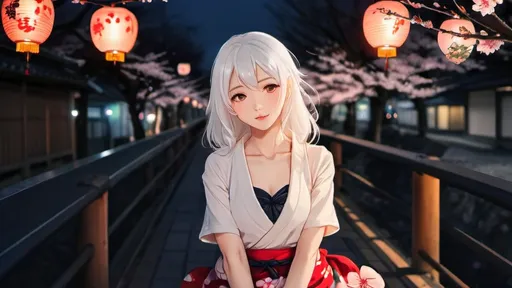 Prompt: Beautiful woman in japan with cherry blossoms in the background. She has white hair and the time of day in at dawn with a sunset. Anime style