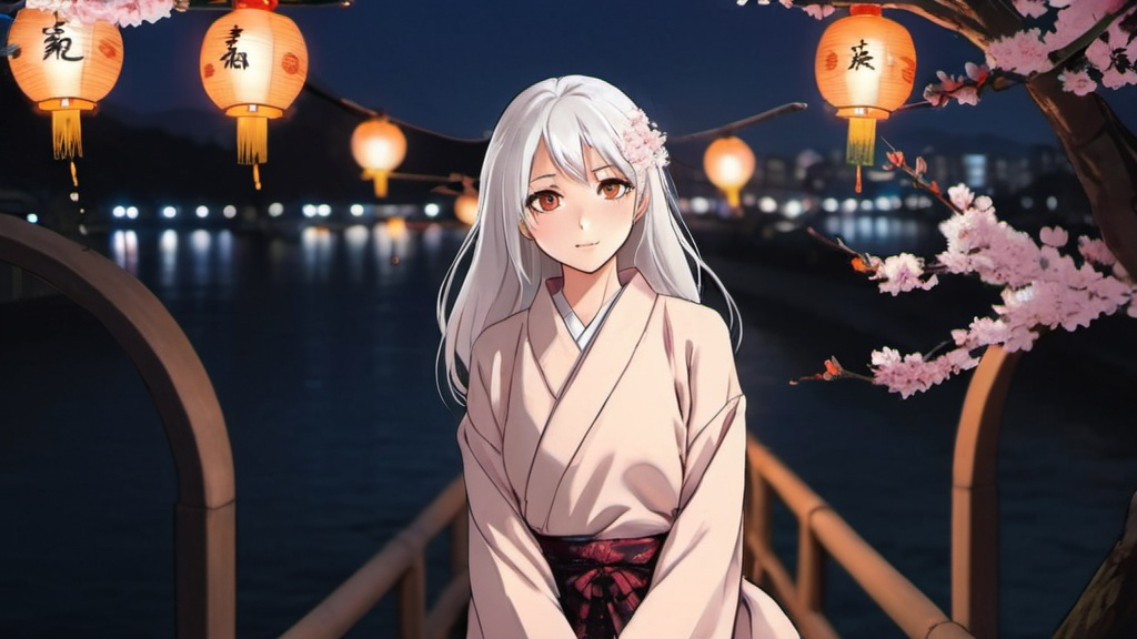 Prompt: Beautiful woman in japan with cherry blossoms in the background. She has white hair and the time of day in at dawn with a sunset. Anime style