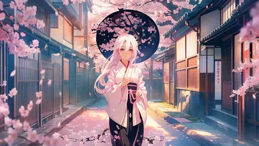 Prompt: Beautiful woman with white hair walking down road at sunrise, cherry blossoms in background, anime, Japanese setting, detailed features, serene atmosphere, high quality, pastel colors, anime, cherry blossoms, sunrise, detailed hair, serene, Japanese setting, professional, atmospheric lighting