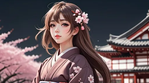 Prompt: Cute blushing anime young attractive woman in Tokyo, cherry blossom trees in the background, traditional Japanese clothing, high quality, anime, pastel tones, cherry blossom lighting, detailed eyes, kawaii style, professional, atmospheric lighting