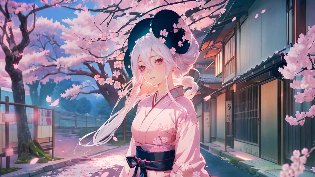 Prompt: Beautiful woman with white hair walking down road at sunrise, cherry blossoms in background, anime, Japanese setting, detailed features, serene atmosphere, high quality, pastel colors, anime, cherry blossoms, sunrise, detailed hair, serene, Japanese setting, professional, atmospheric lighting