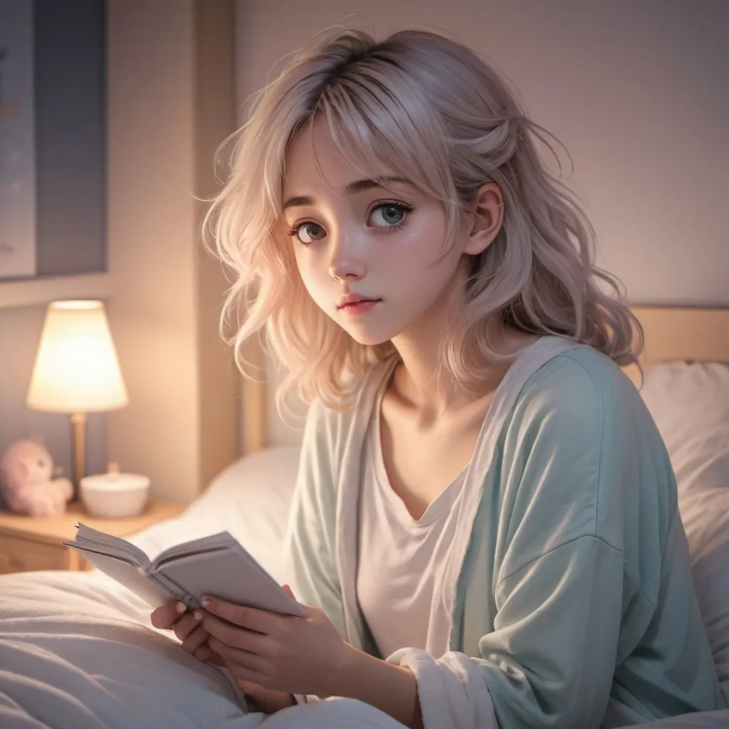 Prompt: Cool-toned anime illustration of a young woman, preparing for bed, cozy bedroom with warm lighting, detailed facial features, soft pastel colors, detailed hair and clothing, highres, anime, cozy, detailed eyes, soft pastels, warm lighting, bedroom setting, preparing for bed, detailed clothing, youthful, professional, atmospheric lighting