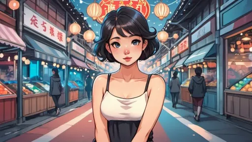 Prompt: a young beautiful woman walking down a market with lights and arcades in the background. In Tokyo. Cartoon style