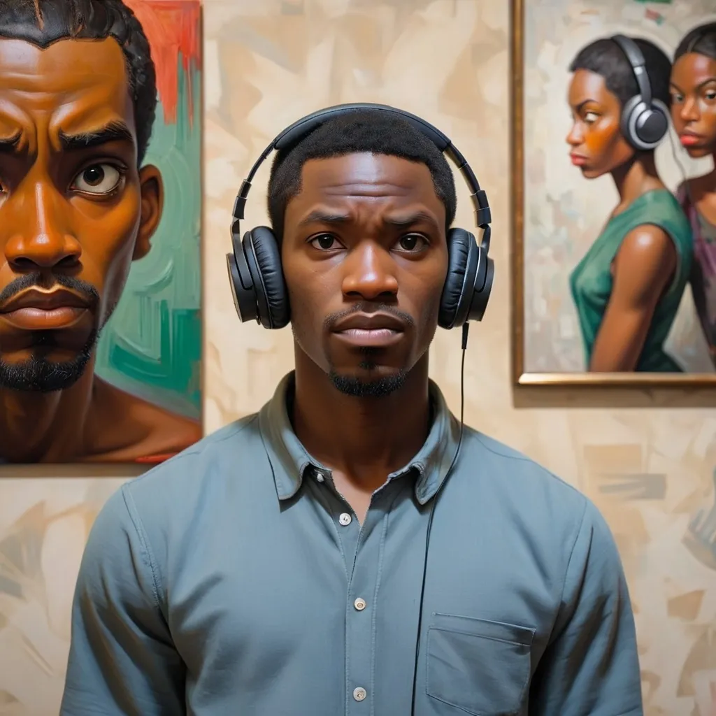 Prompt: a man with headphones on his ears is looking at the camera while he stands in front of a wall with a painting, Ben Enwonwu, black arts movement, deep focus, a picture