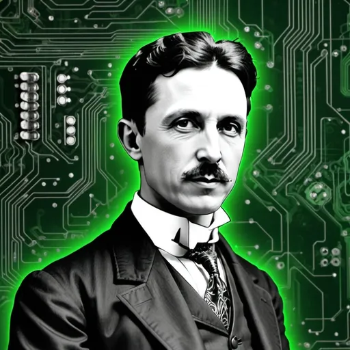 Prompt: Picture of nicola tesla black and white with a background of a green printed circuit board stylized