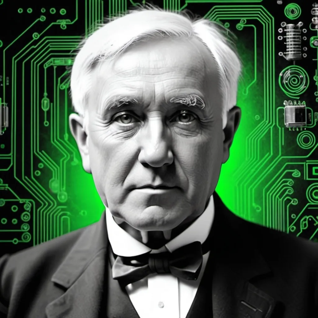 Prompt: Thomas edison black and white with green printed circuit background sylized