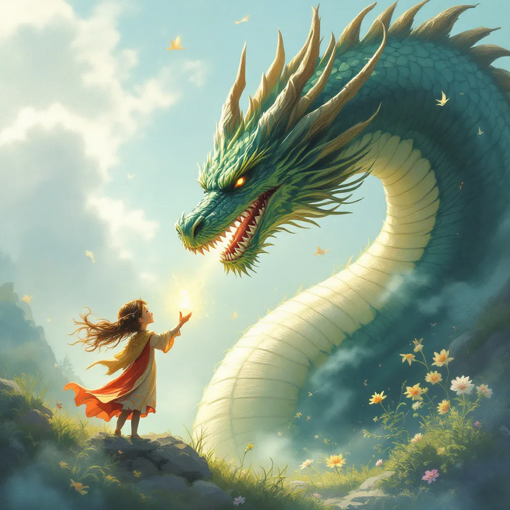 Prompt: a girl asking for a wish from a dragon
