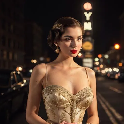 Prompt: Elegant young woman in vintage attire, old money fashion, New York city lights, aesthetic, high quality, detailed vintage design, beautiful evening gown, luxurious fabric, vintage hairstyle, sophisticated makeup, nostalgic atmosphere, city lights casting a warm glow, best quality, higher resolution, vintage, aesthetic, detailed fabric, elegant, retro, atmospheric lighting