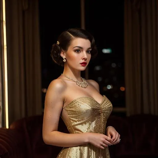 Prompt: Elegant young woman in vintage attire, old money fashion, New York city lights, aesthetic, high quality, detailed vintage design, beautiful evening gown, luxurious fabric, vintage hairstyle, sophisticated makeup, nostalgic atmosphere, city lights casting a warm glow, best quality, higher resolution, vintage, aesthetic, detailed fabric, elegant, retro, atmospheric lighting