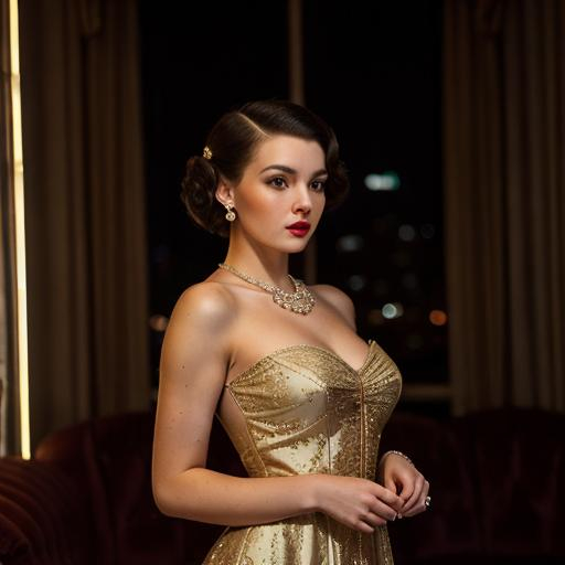 Prompt: Elegant young woman in vintage attire, old money fashion, New York city lights, aesthetic, high quality, detailed vintage design, beautiful evening gown, luxurious fabric, vintage hairstyle, sophisticated makeup, nostalgic atmosphere, city lights casting a warm glow, best quality, higher resolution, vintage, aesthetic, detailed fabric, elegant, retro, atmospheric lighting