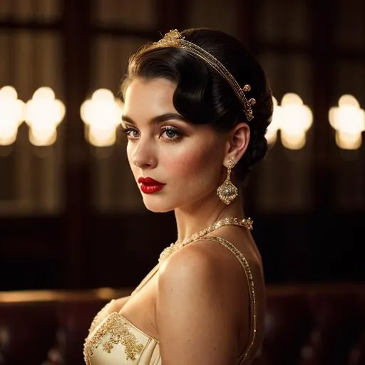 Prompt: Elegant young woman in vintage attire, old money fashion, New York city lights, aesthetic, high quality, detailed vintage design, beautiful evening gown, luxurious fabric, vintage hairstyle, sophisticated makeup, nostalgic atmosphere, city lights casting a warm glow, best quality, higher resolution, vintage, aesthetic, detailed fabric, elegant, retro, atmospheric lighting