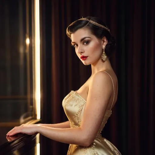 Prompt: Elegant young woman in vintage attire, old money fashion, New York city lights, aesthetic, high quality, detailed vintage design, beautiful evening gown, luxurious fabric, vintage hairstyle, sophisticated makeup, nostalgic atmosphere, city lights casting a warm glow, best quality, higher resolution, vintage, aesthetic, detailed fabric, elegant, retro, atmospheric lighting