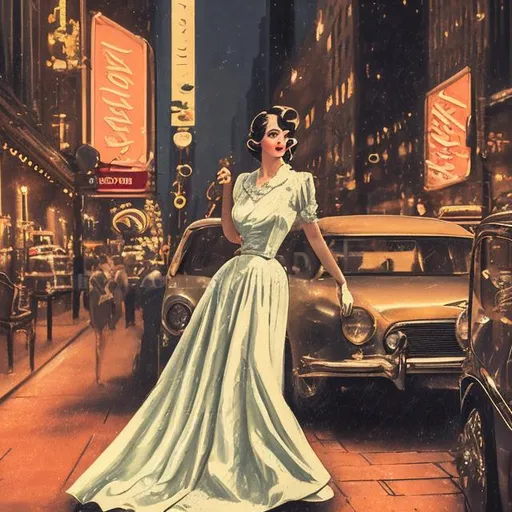 Prompt: Elegant young woman in vintage attire, old money fashion, New York city lights, aesthetic, high quality, detailed vintage design, beautiful evening gown, luxurious fabric, vintage hairstyle, sophisticated makeup, nostalgic atmosphere, city lights casting a warm glow, best quality, highres, vintage, aesthetic, detailed fabric, elegant, retro, atmospheric lighting  make a canvas painting or any type of sketch art