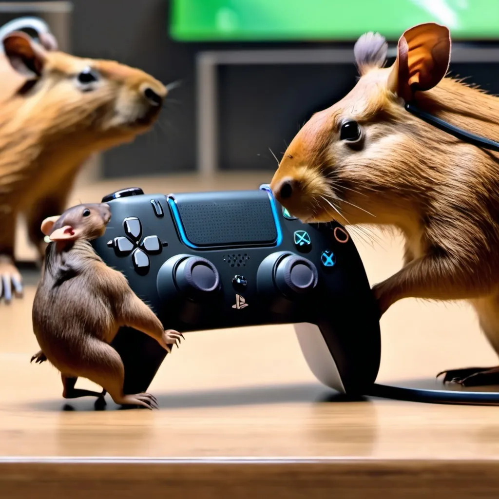 Prompt: un capibara che ha in mano un controller della ps5