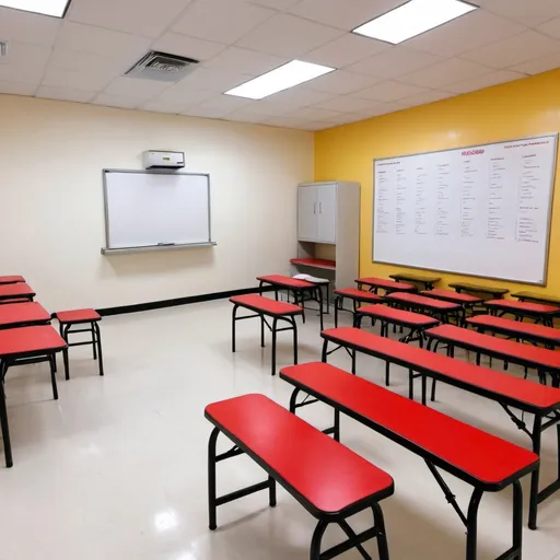 Prompt: I need photo sized 1080*1080  . Please let the picture consist of white, red, yellow and black colors. Students should be seated in the white and red exam room and Mock Exam Results should be written on the board.