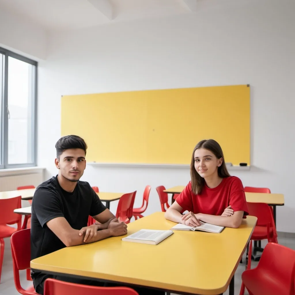 Prompt: Male and female students sitting on the table . Room is white . Board is yellow and  tables are red.  