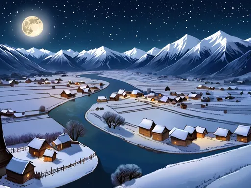 Prompt: A landscape bird-eye's view of a serene night sky with full moon and stars, including mountains, snow, a single tiny slandering river flowing in the middle of the picture through scattered villages and farms. 