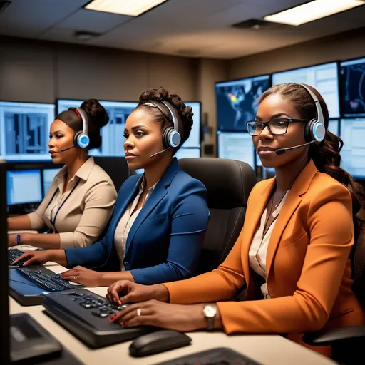 Prompt: FOUR black women with headsets dispatching for truck drivers