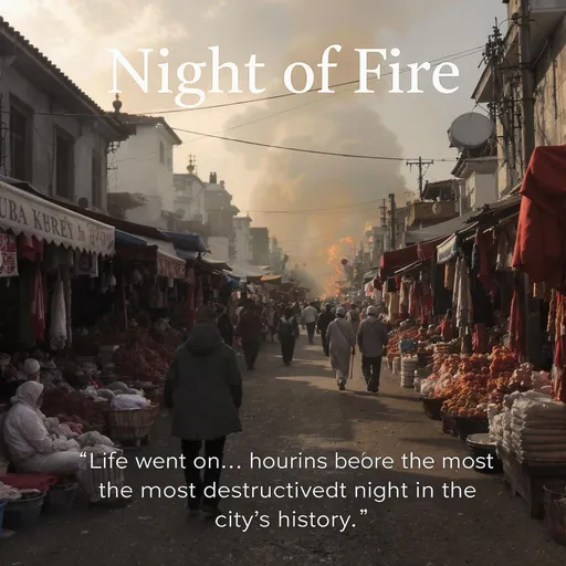Prompt: 
	• Text: “Night of Fire”
	• Image: Morning market scene, colorful stalls.
	• Description: “Life went on… hours before the most destructive night in the city’s history.”
