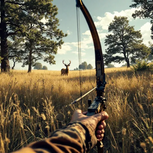 Prompt:  point of view looking through a bow and arrow, hunting a deer in a tall meadow, clear skies, trees shadowing