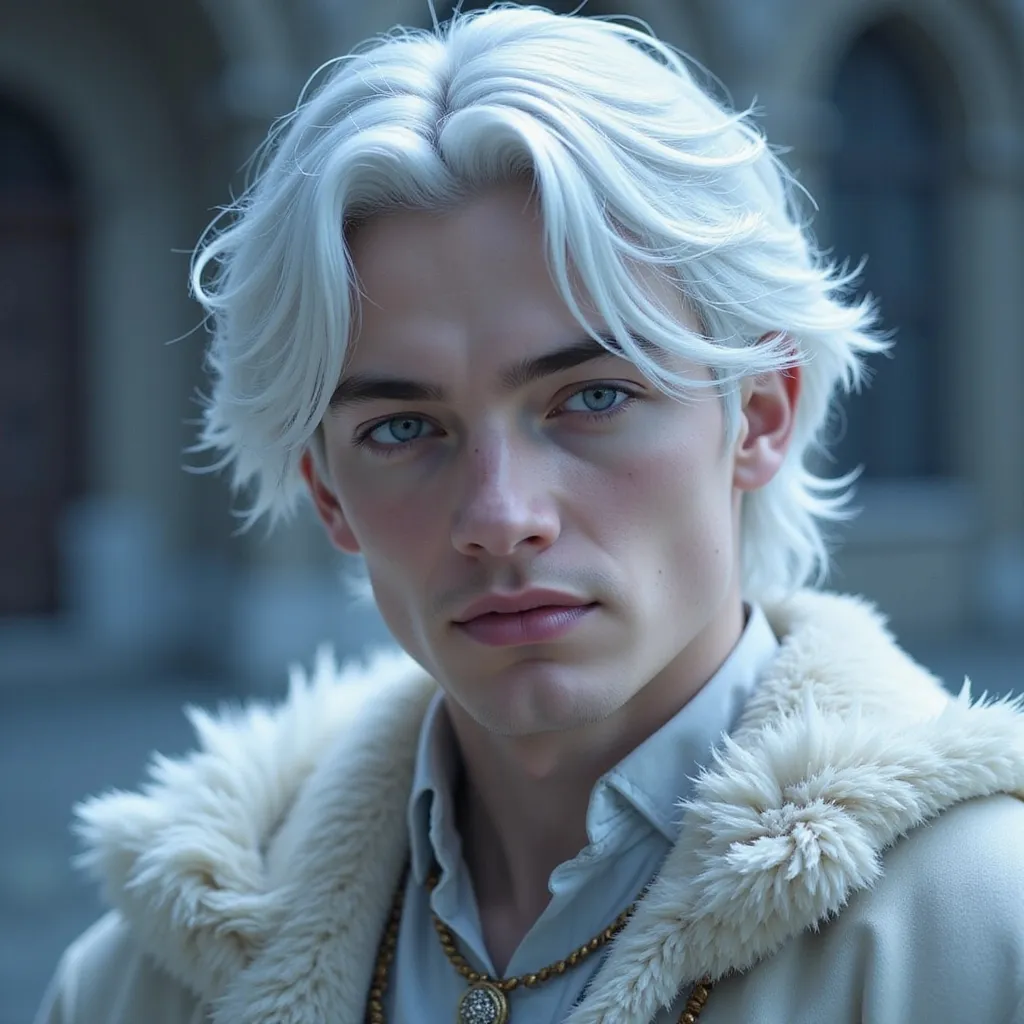 Prompt: Kallias, male, snow white hair, ice-blue eyes, pale, smooth skin, powerful, fae, royalty, ACOTAR vibes, historic fantasy