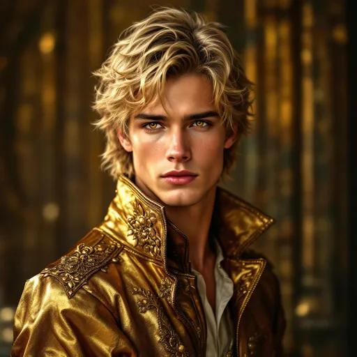Prompt: tall, lean young adult fae male, well groomed golden-blonde hair, amber colored eyes, dressed in richly tailored   clothes,  gold in color