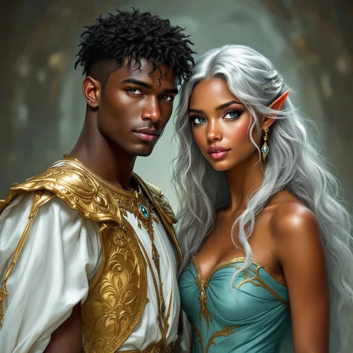 Prompt: young adult fae man, prince, short dark tightly curled hair, turquoise eyes, dark gold brown skin tone, tall and muscular body type, gold and white elegant tunic, young adult fae female, princess, long silver hair styled elegantly, deep blue eyes, golden brown skin tone, lean and graceful body type, elegant flowing aqua gown (siblings)