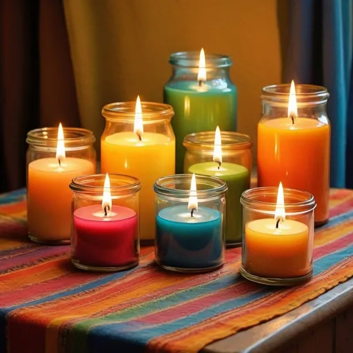 Prompt: Various sizes of candles made from recycled oil, glass or tin containers, colorful tablecloth, warm and cozy atmosphere, high quality, detailed, oil painting, vibrant colors, soft lighting, detailed glass reflections, eco-friendly, cozy ambiance, homemade candles, sustainable living, rustic decor