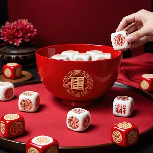 Prompt: chinese mooncake festival dice game anime dice throw red bowl 
