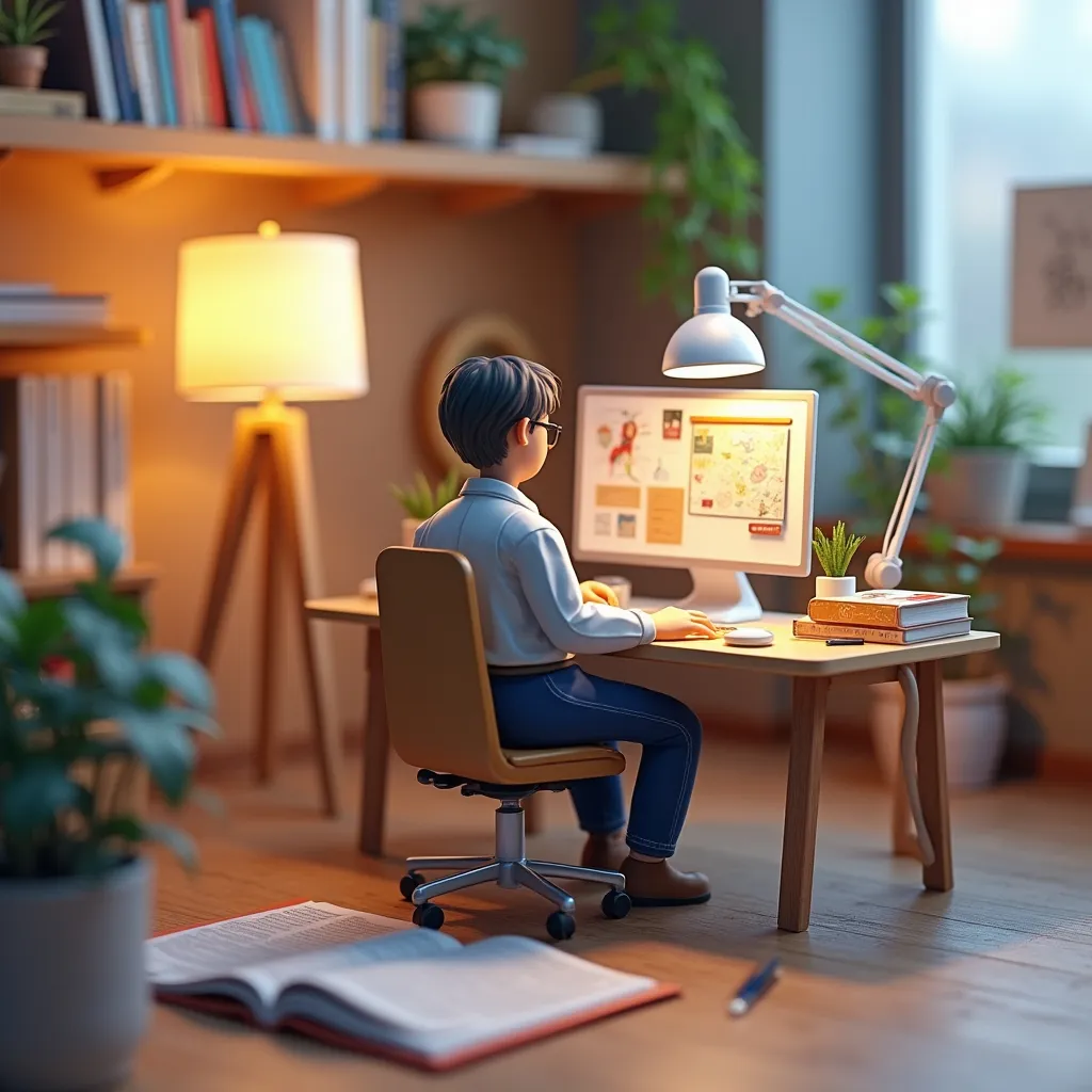 Prompt: create a highly 3d miniature diorama of a graphic designer setting on his desk 

