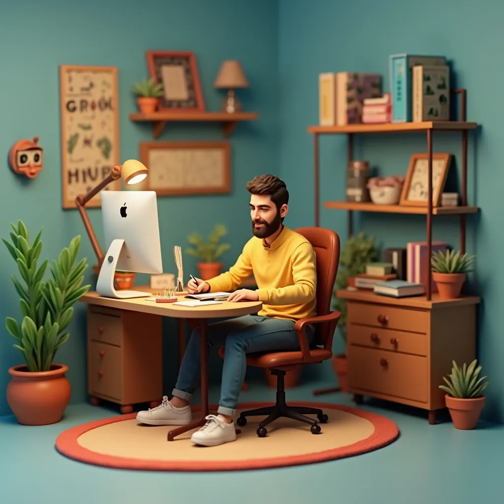 Prompt: create a highly 3d miniature diorama of a graphic designer setting on his desk his name is jihed bjaoui he is 28 years old , the environment should reflect the cozy and personalized workspace of a professional incluse tiny props tools and decorations that represent the personality of the character 
